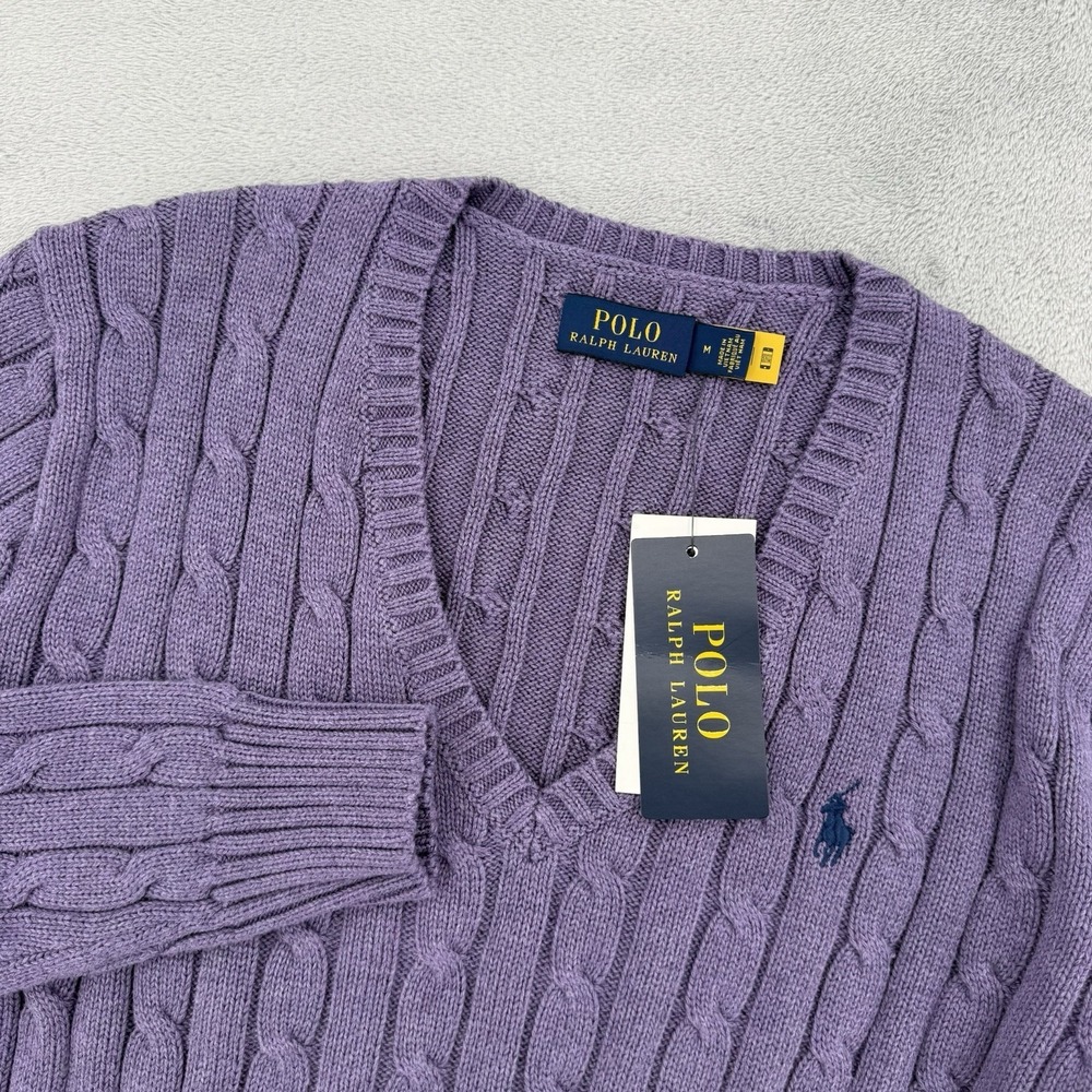 Polo Ralph Lauren Sweater Women's M Cable Knit V Neck Pullover Pony Purple